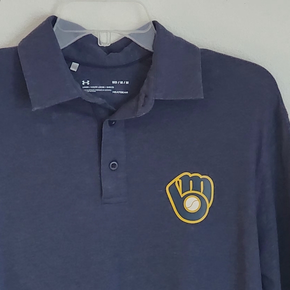 Milwaukee Brewers Under Armour Men's Polo Shirt Collared Logo Heather Navy Sz M - Picture 2 of 6